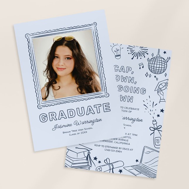 Invitación Blue Photo Doodle Graduation Invite Announcement (Subido por el creador)