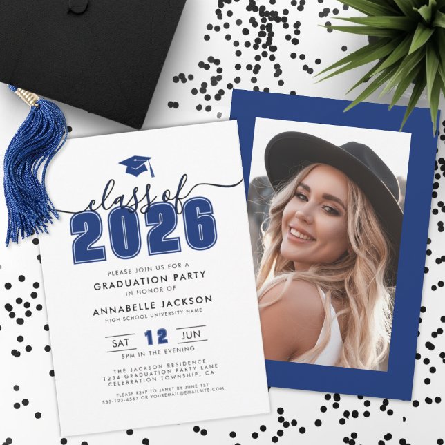 Invitación Blue Photo Graduation Party (Blue Photo Graduation Party Invitation )