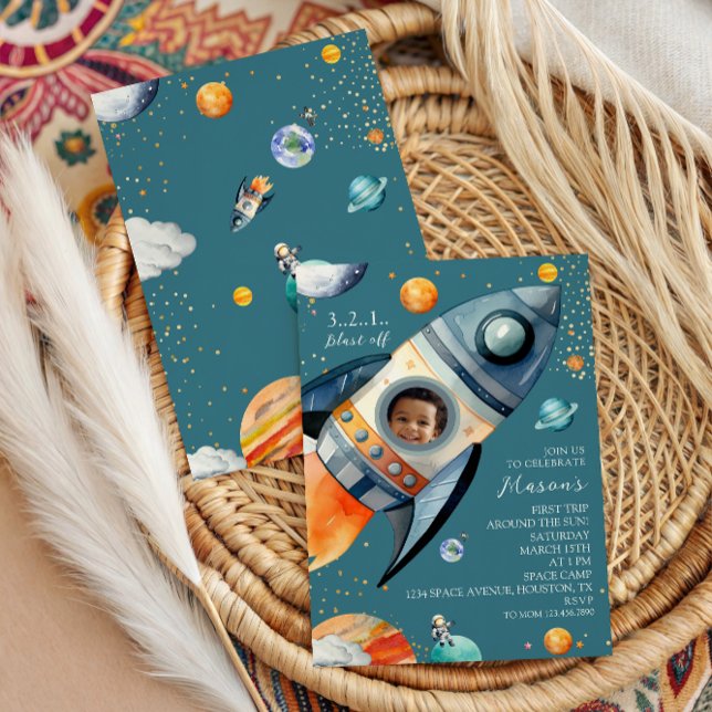 Invitación Blue Photo Rocket First Trip Around the Sun Space (Subido por el creador)