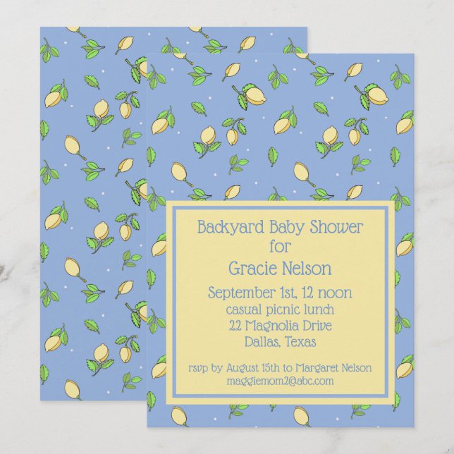 Invitación Blue Picnic Baby Shower Lemons (Anverso / Reverso)
