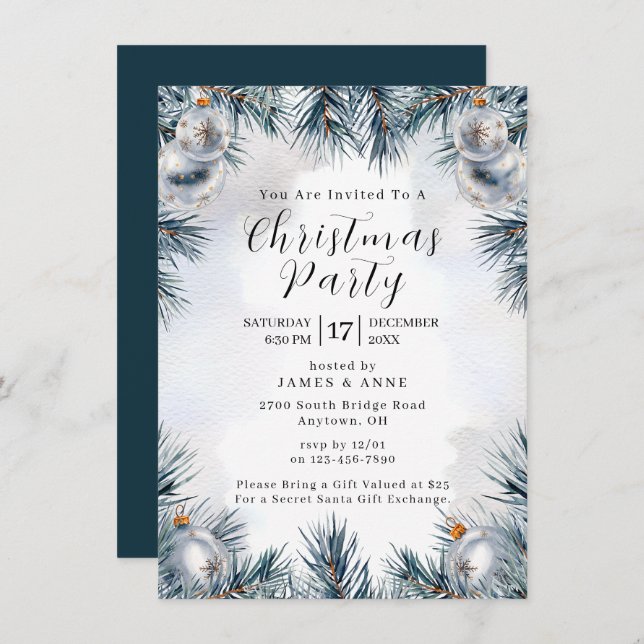 Invitación Blue Pine Christmas Party Invitation (Anverso / Reverso)