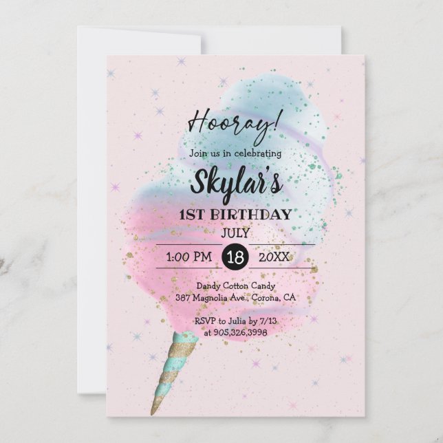 Invitación Blue Pink Cotton Candy BronzeGold Purpurina Cumple (Anverso)