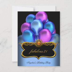 Invitación Blue Pink Fabulous Black Gold Balloons Cumpleaños