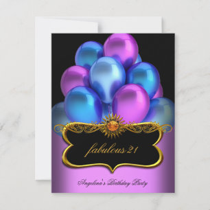 Invitación Blue Pink Fabulous Black Gold Balloons Cumpleaños