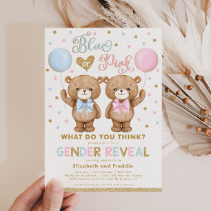 Invitación Blue Pink Gold Teddy Bear Gender Reveal Baby