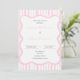 Invitación Blue pink Hand Written Pinstripe Whimsical Wedding