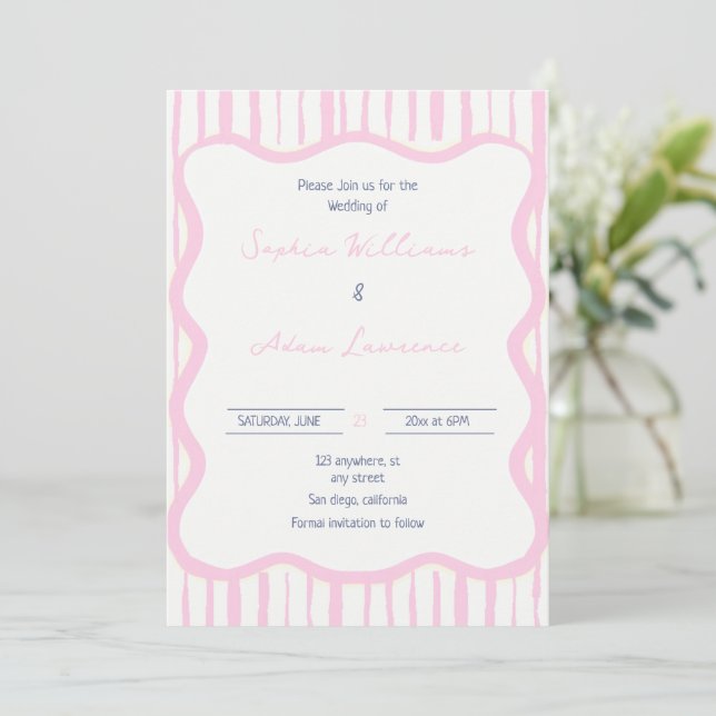 Invitación Blue pink Hand Written Pinstripe Whimsical Wedding (Anverso de pie)