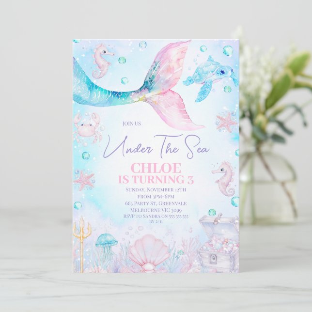 Invitación Blue Pink Mermaid Tail Under the Sea Birthday (Anverso de pie)