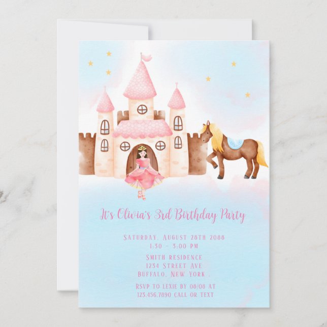 Invitación Blue Pink Princess Castle Horse Birse Party (Anverso)