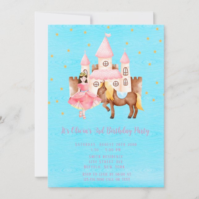 Invitación Blue Pink Princess Castle Horse Birse Party (Anverso)