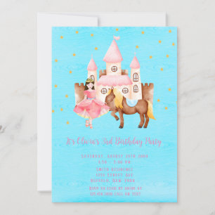 Invitación Blue Pink Princess Castle Horse Birse Party