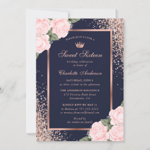 Invitación Blue Pink Rose Gold Floral Sweet 16 cumpleaños