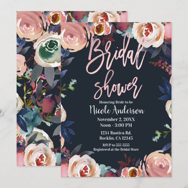 Invitación Blue Pink Rose Gold Floral Trendy Bridal Shower (Anverso / Reverso)