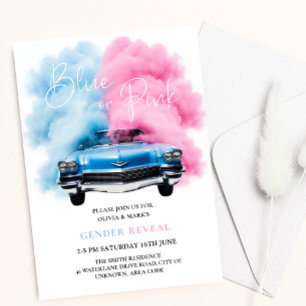 Invitación Blue Pink Smoke Car Truck Tema del bebé Género Rev