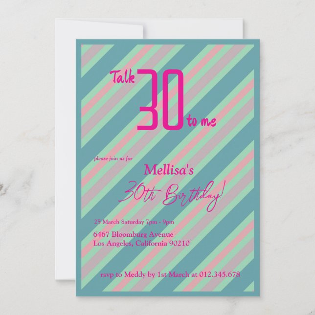 Invitación Blue Pink Striped Feminine 30° cumpleaños (Anverso)