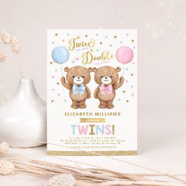 Invitación Blue Pink Teddy Bear Boy Chica Twins Baby Shower