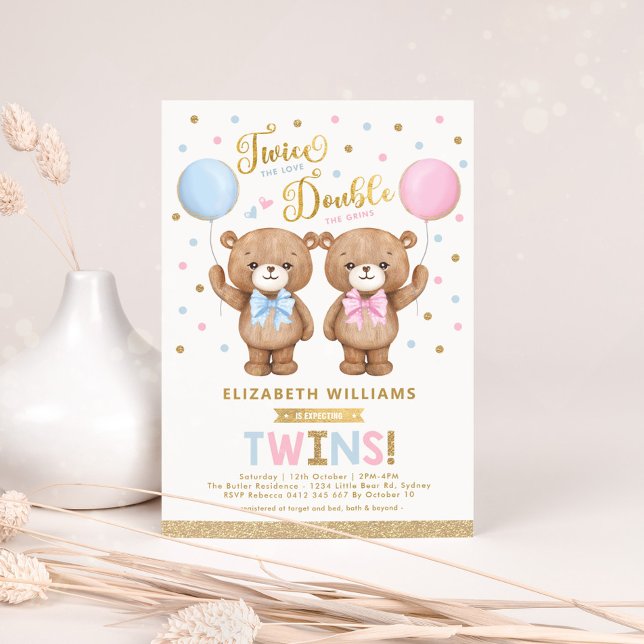 Invitación Blue Pink Teddy Bear Boy Chica Twins Baby Shower (Subido por el creador)