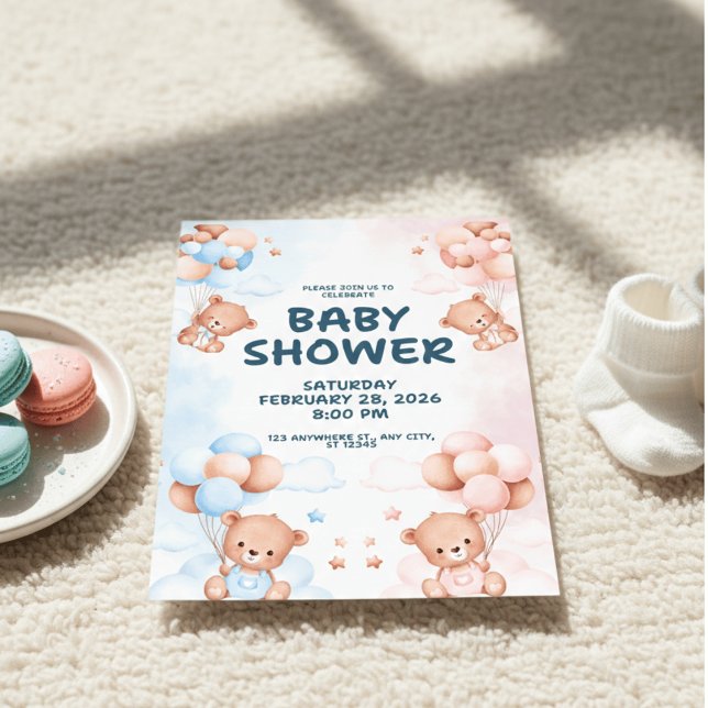 Invitación Blue Pink Teddy Bear Gender Reveal Baby Shower (Subido por el creador)