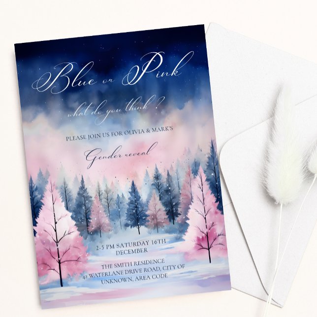 Invitación Blue Pink Watercolor Árbol de Navidad Revelado (Subido por el creador)