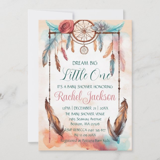 Invitación Blue Pink Watercolor Dreamcatcher Baby Shower Idea (Anverso)