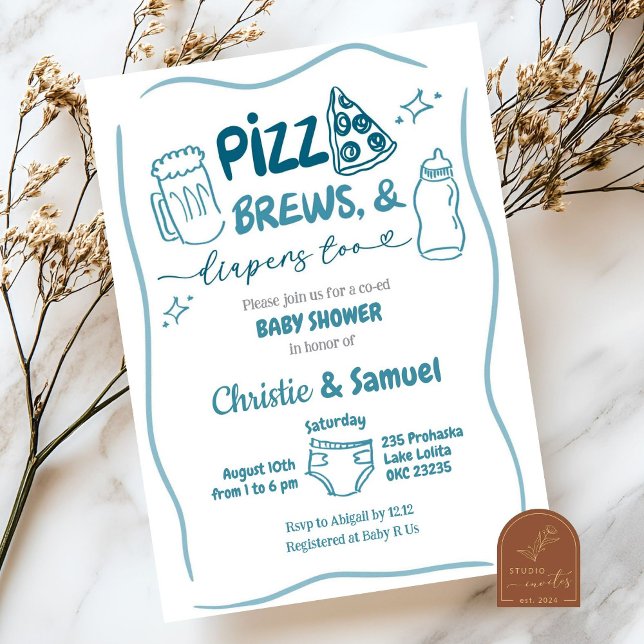 Invitación Blue Pizza, Brews and Diapers Co-Ed Baby Shower (Subido por el creador)