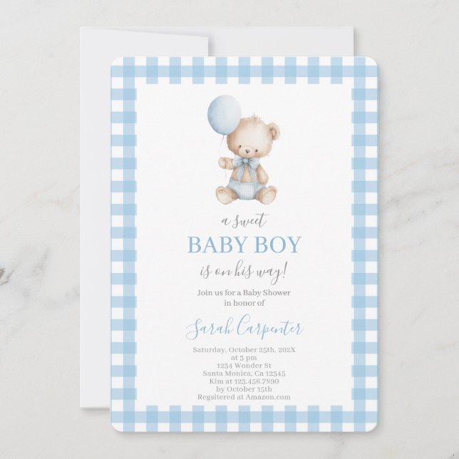 Invitación Blue plaid and Bear Baby Shower Boy (Anverso)