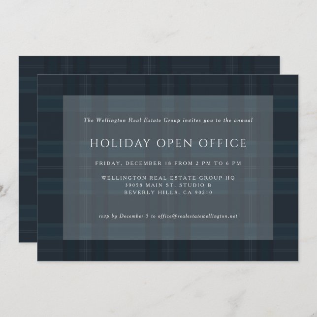 Invitación Blue Plaid Business Corporate Holiday Christmas In (Anverso / Reverso)