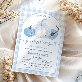 Invitación Blue Plaid Preppy Pumpkin Boy Twins Baby Shower