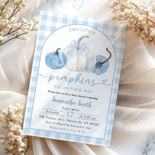 Invitación Blue Plaid Preppy Pumpkin Boy Twins Baby Shower