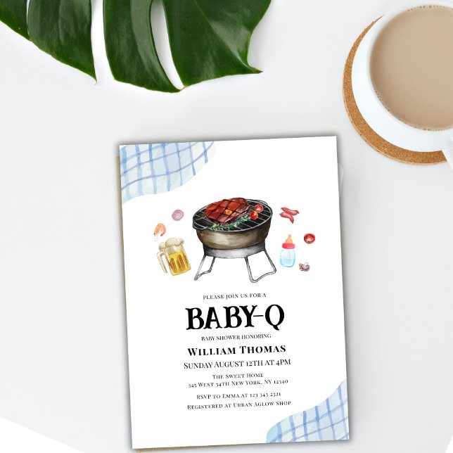 Invitación Blue Plaid Retro Country Baby Q Baby Shower (Blue Plaid Retro Country Baby Q Baby Shower Invitation)