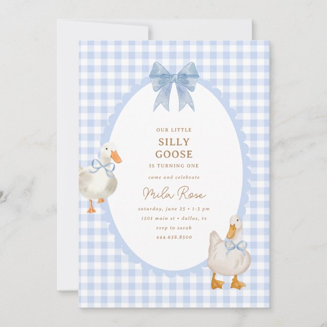 Invitación Blue Plaid Silly Goose Coquette Cumpleaños (Anverso)