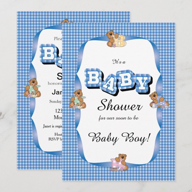 Invitación Blue Plaid with Baby Bears| Baby Shower (Anverso / Reverso)