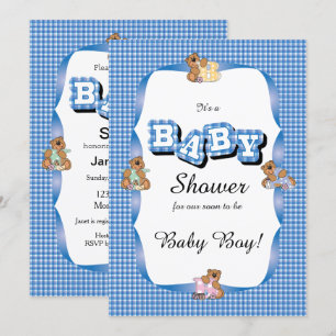 Invitación Blue Plaid with Baby Bears  Baby Shower