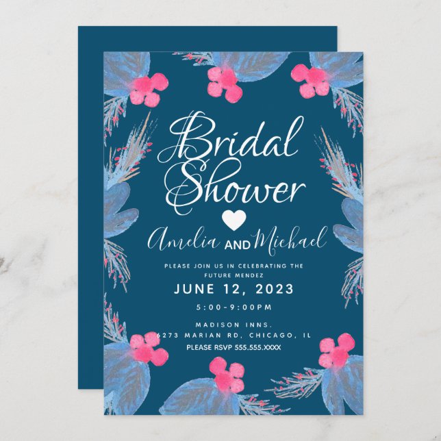 Invitación Blue Poinsettia Berry Watercolor Bridal Shower (Anverso / Reverso)