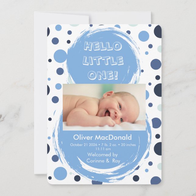 Invitación Blue polka dot Baby birth announcement (Anverso)
