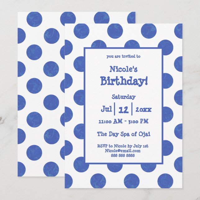 Invitación Blue Polka Dot Birthday Party (Anverso / Reverso)