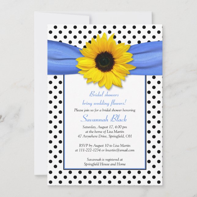 Invitación Blue Polka Dot Sunflower Boda Brillante (Anverso)