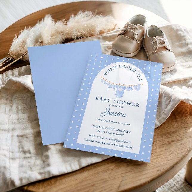 Invitación Blue Polka Dots Hanging Clothes Baby Shower (Subido por el creador)