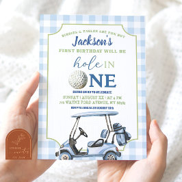 Invitación Blue Preppy Hole In One Boy First Golf Birday