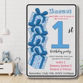 Invitación Blue Present Primer cumpleaños Fiestas niños