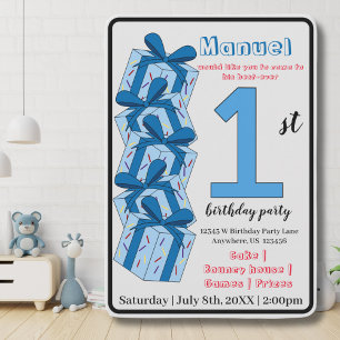 Invitación Blue Present Primer cumpleaños Fiestas niños