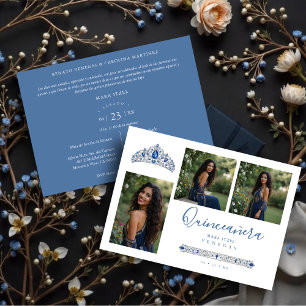 Invitación Blue Princess Quinceañera Tiara 3-Photos Spanish