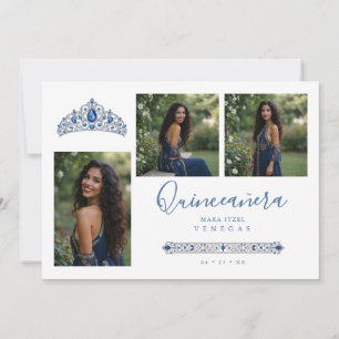Invitación Blue Princess Quinceañera Tiara 3-Photos Spanish