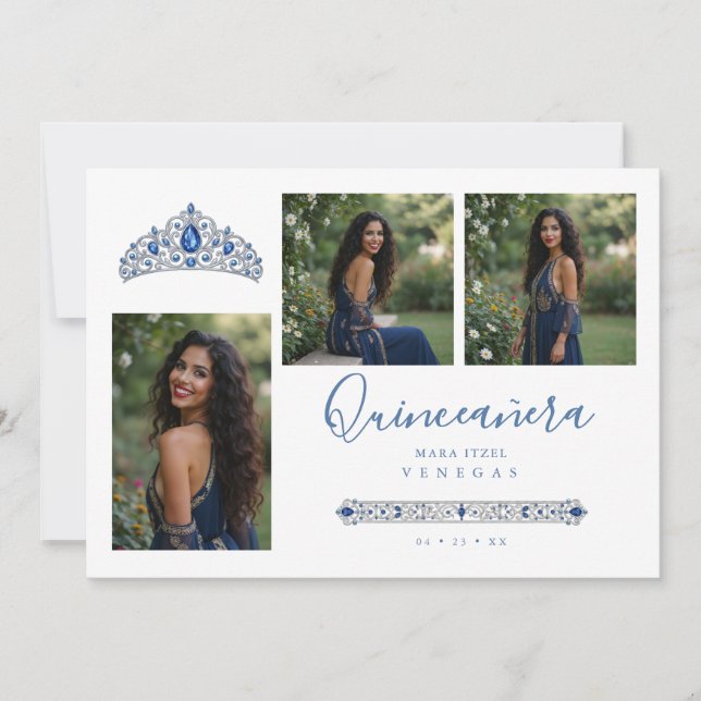 Invitación Blue Princess Quinceañera Tiara 3-Photos Spanish (Anverso)