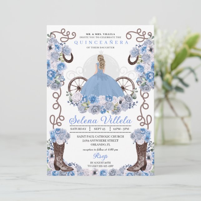 Invitación Blue Princess Vress & Boots Quinceañera (Anverso de pie)