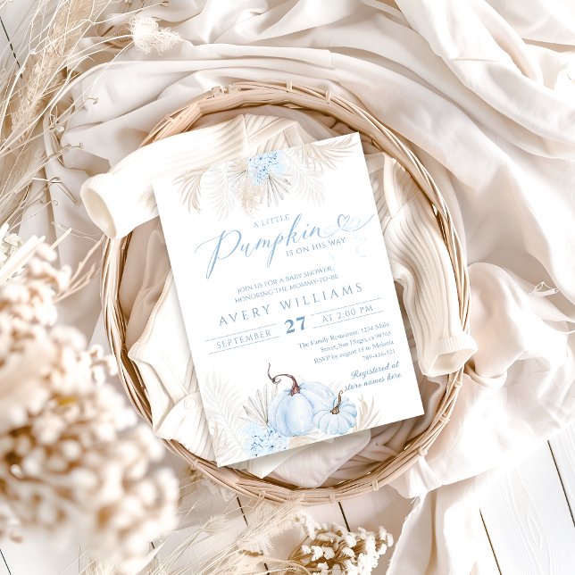 Invitación Blue Pumpkin Bow Boho Floral Boy Baby Shower (Subido por el creador)