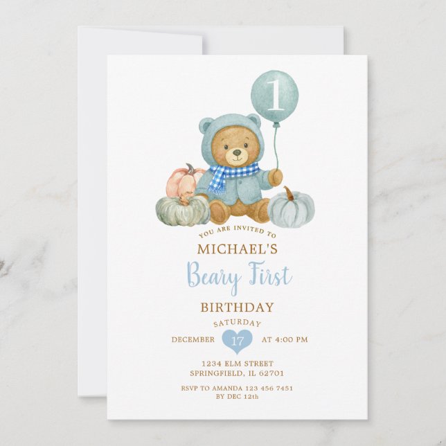 Invitación Blue Pumpkin Fall Beary First Birday (Anverso)