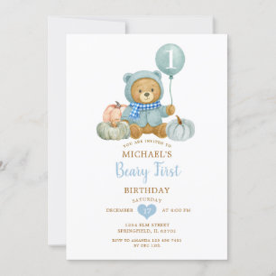 Invitación Blue Pumpkin Fall Beary First Birday
