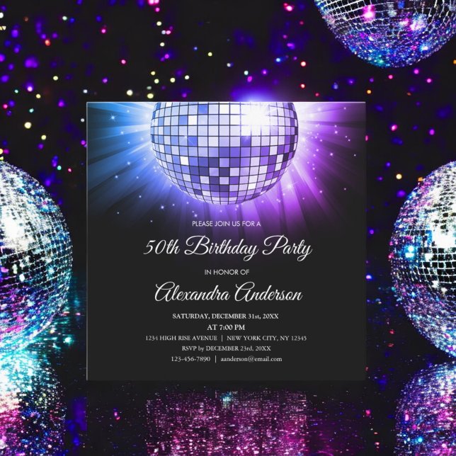 Invitación Blue Purple 50th Birthday Party Disco Ball (Subido por el creador)