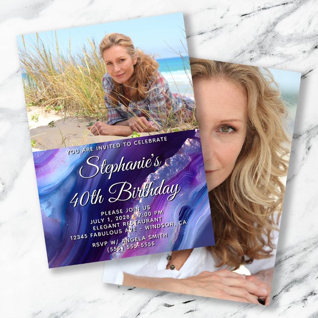 Invitación Blue Purple Agate Elegant Photo 40 cumpleaños (Blue Purple Agate Elegant Photo 40th Birthday Invitation)